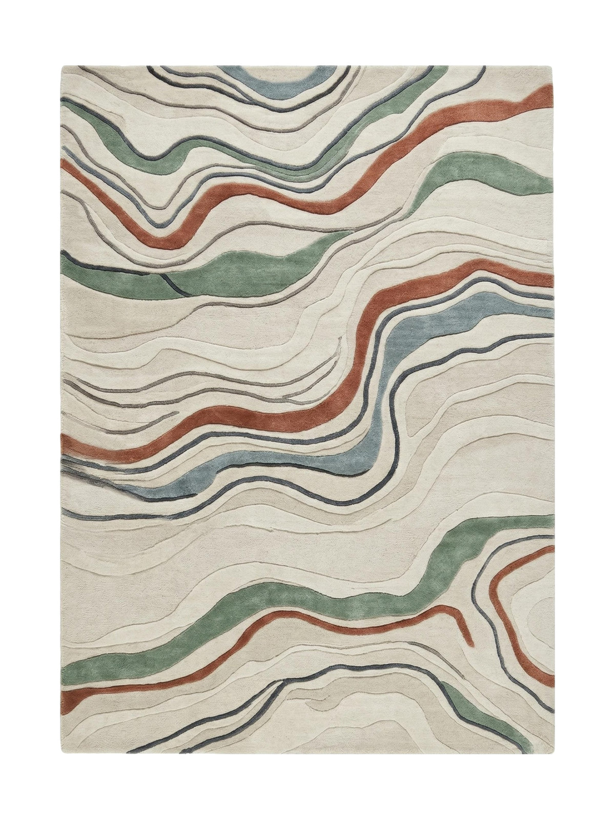 Un tapis rectangulaire en laine ivoire est orné d'un motif abstrait d'ondes sculptées terracotta, vert sauge et bleu-gris