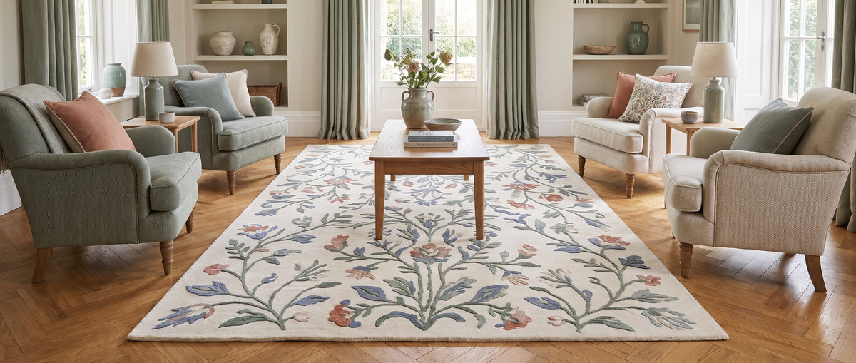Ses motifs floraux ramifiés en poil coupé aux teintes douces ornent ce tapis en laine ivoire au sol d'un salon