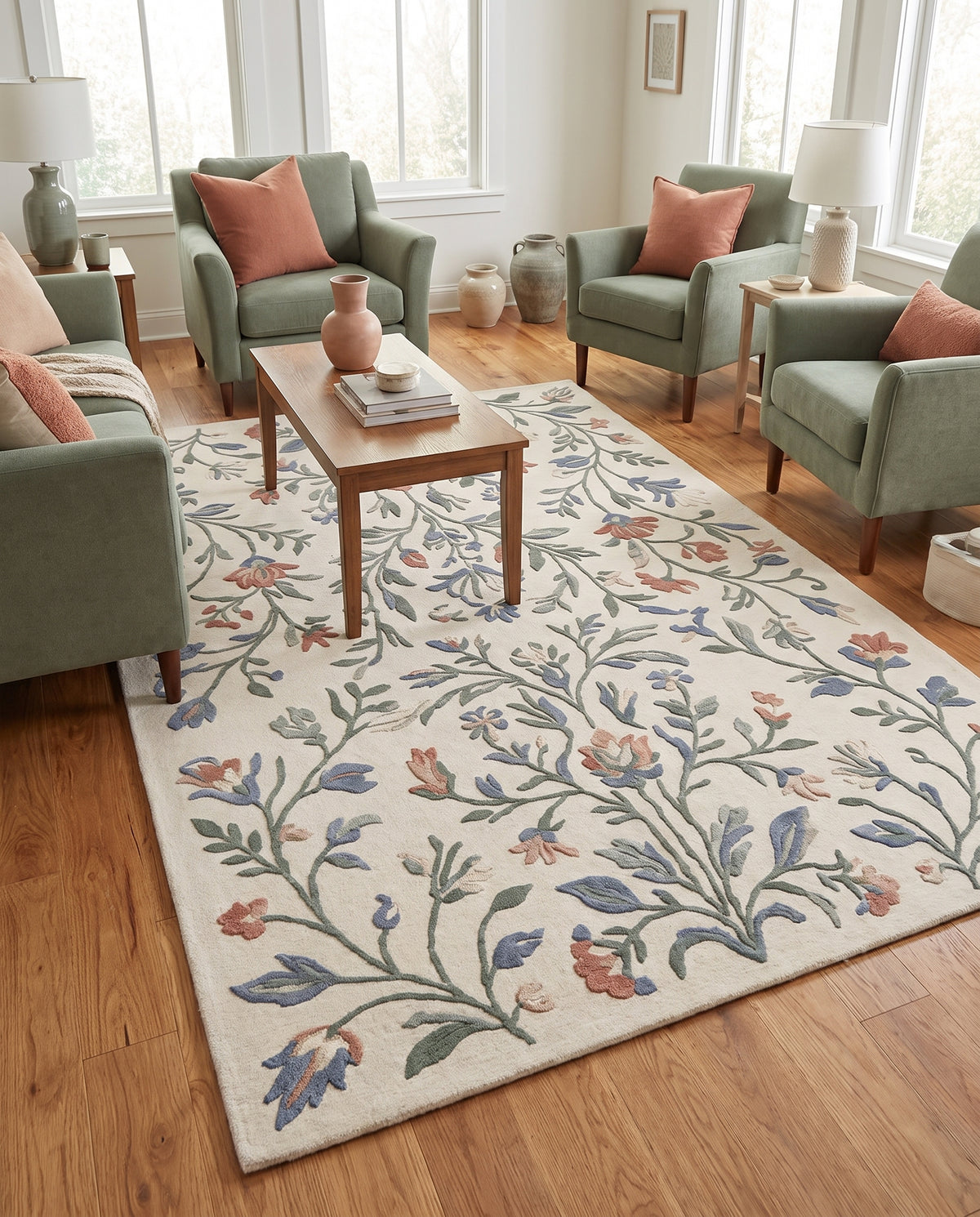 Dans un salon, un tapis rectangulaire en laine ivoire à poil coupé affiche des motifs floraux ramifiés aux teintes douces