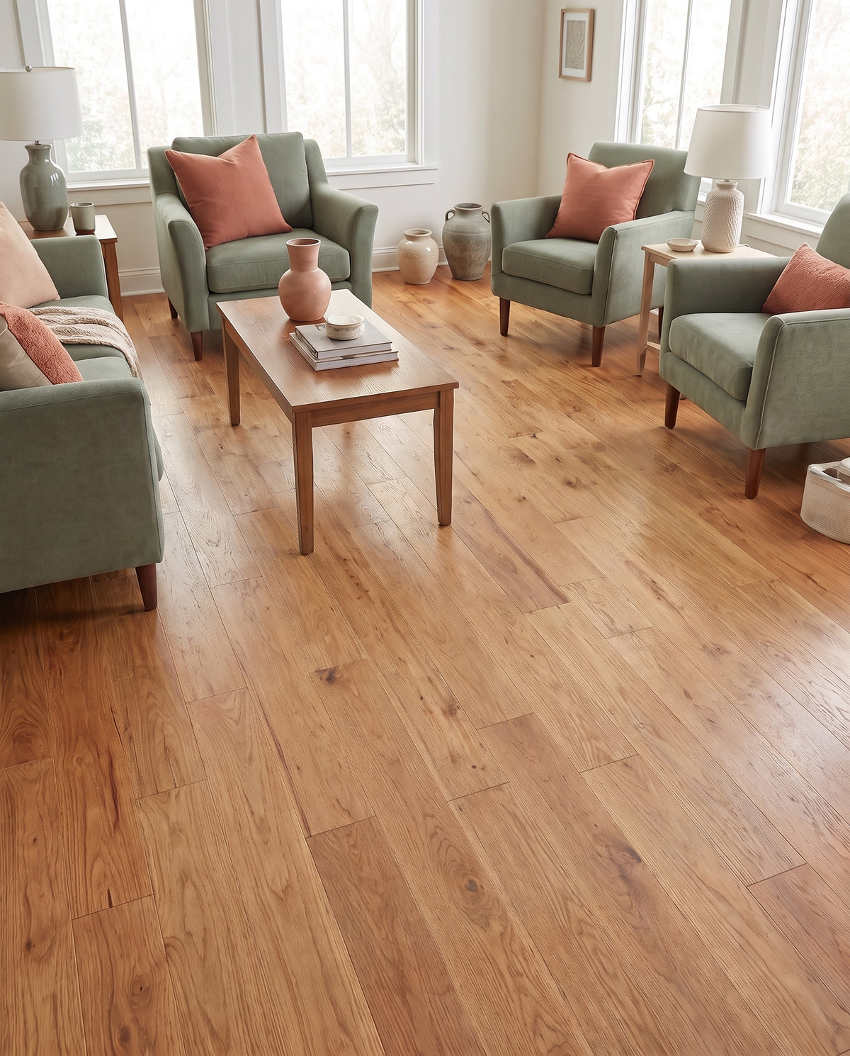Un parquet en bois clair et brillant tapisse le sol nu d'un salon élégant meublé de fauteuils verts et d'une table basse