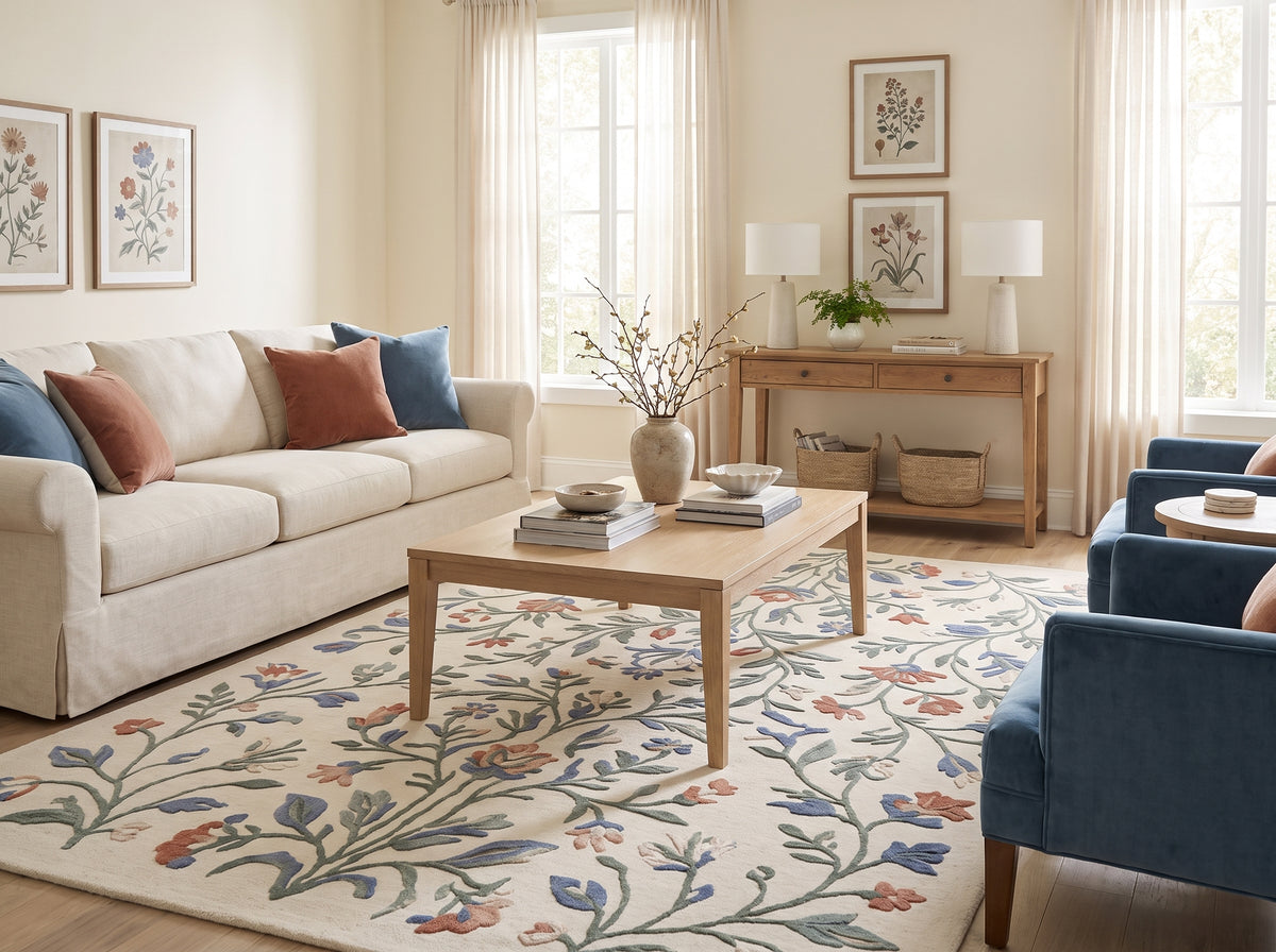 Sur un fond ivoire, ce tapis en laine à poil coupé aux motifs floraux ramifiés décore un salon