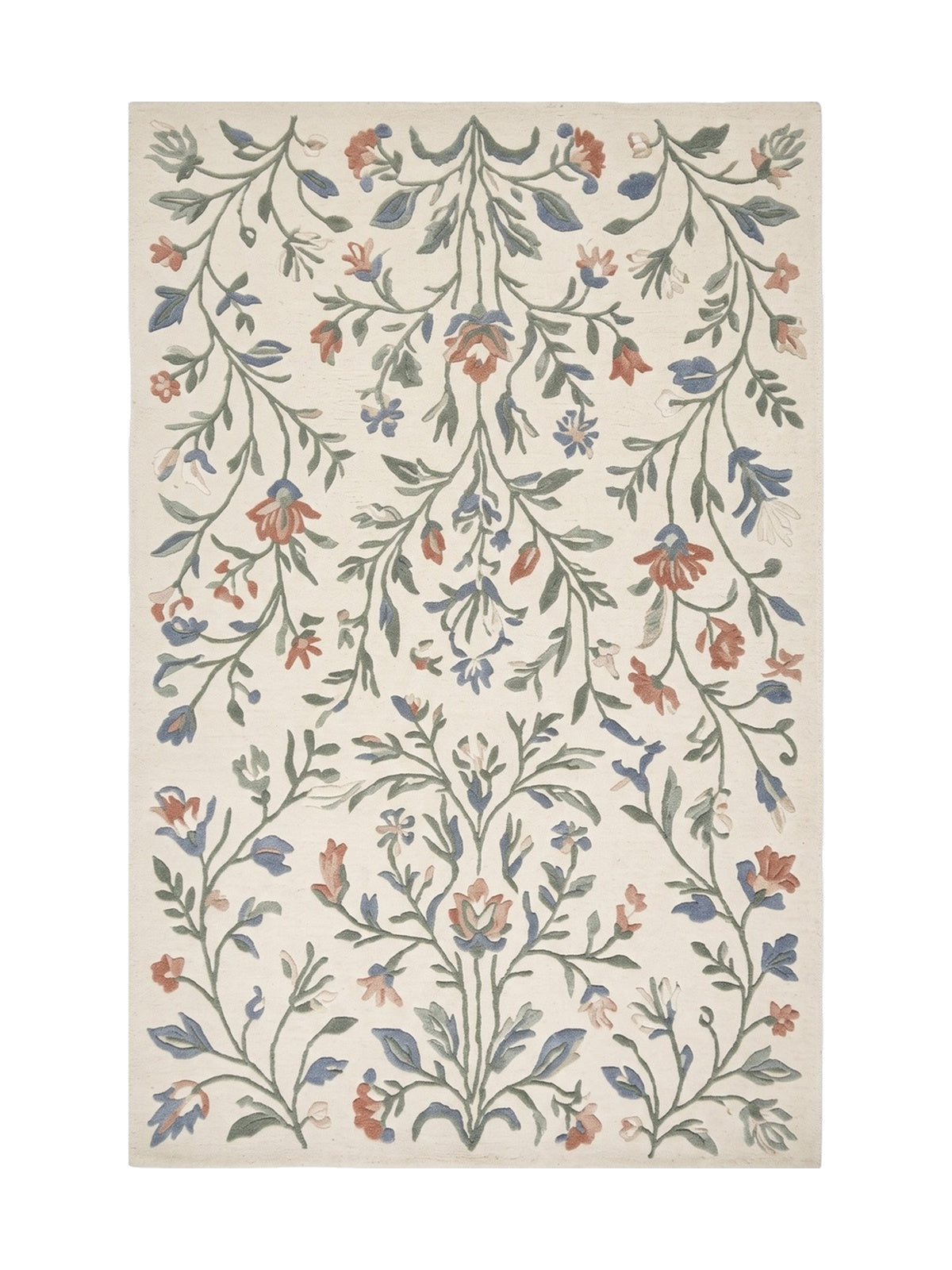 Un design floral ramifié aux couleurs sourdes orne ce tapis rectangulaire en laine ivoire à poil coupé