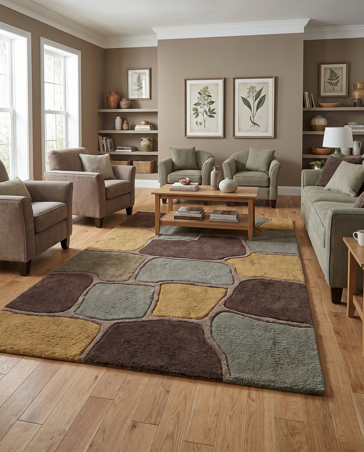 Un patchwork de blocs sculptés en laine ocre, marron et vert sauge, aux joints taupe, égaye ce salon