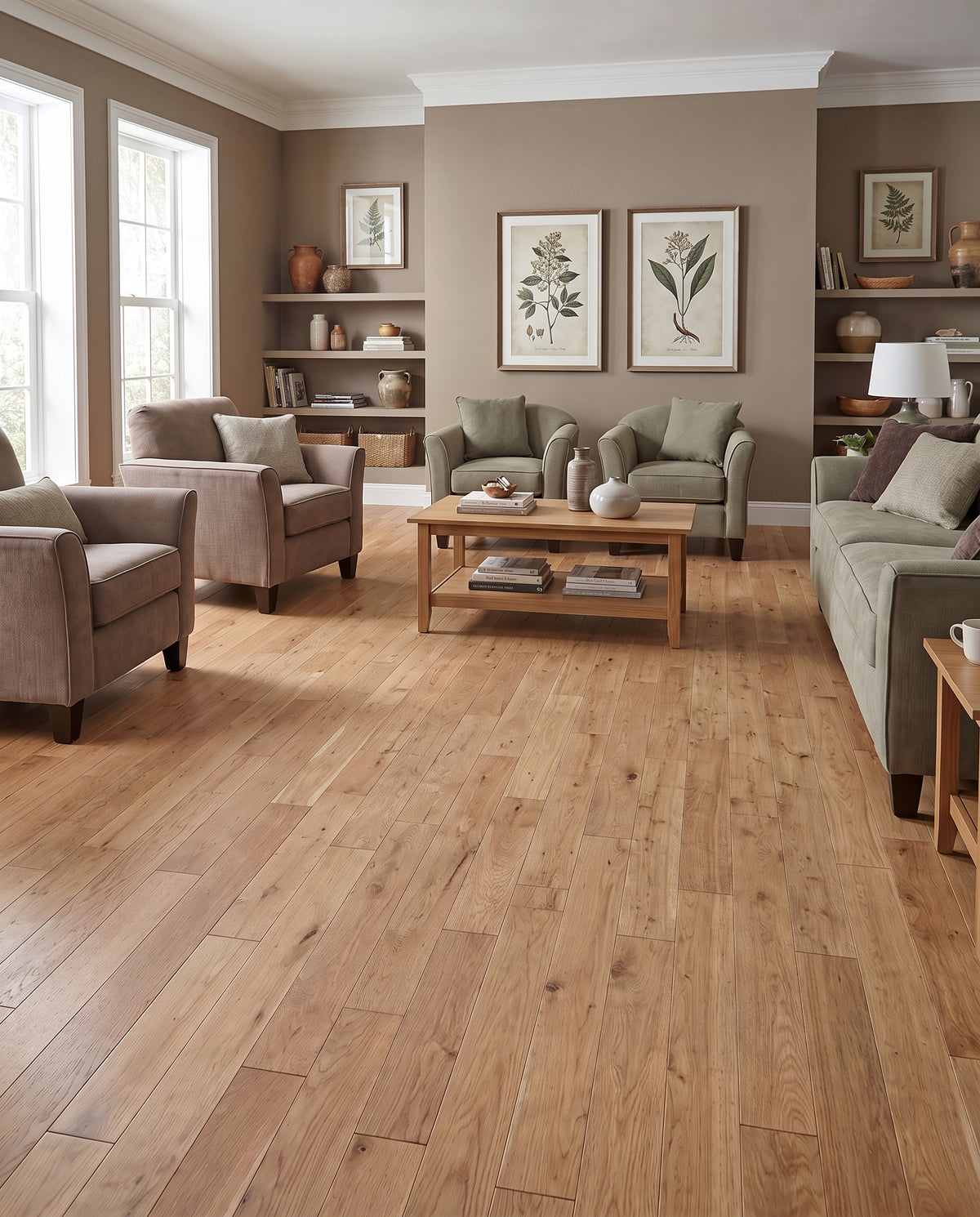 Ce salon lumineux est sans tapis, révélant un sol en parquet clair et un mobilier taupe et vert