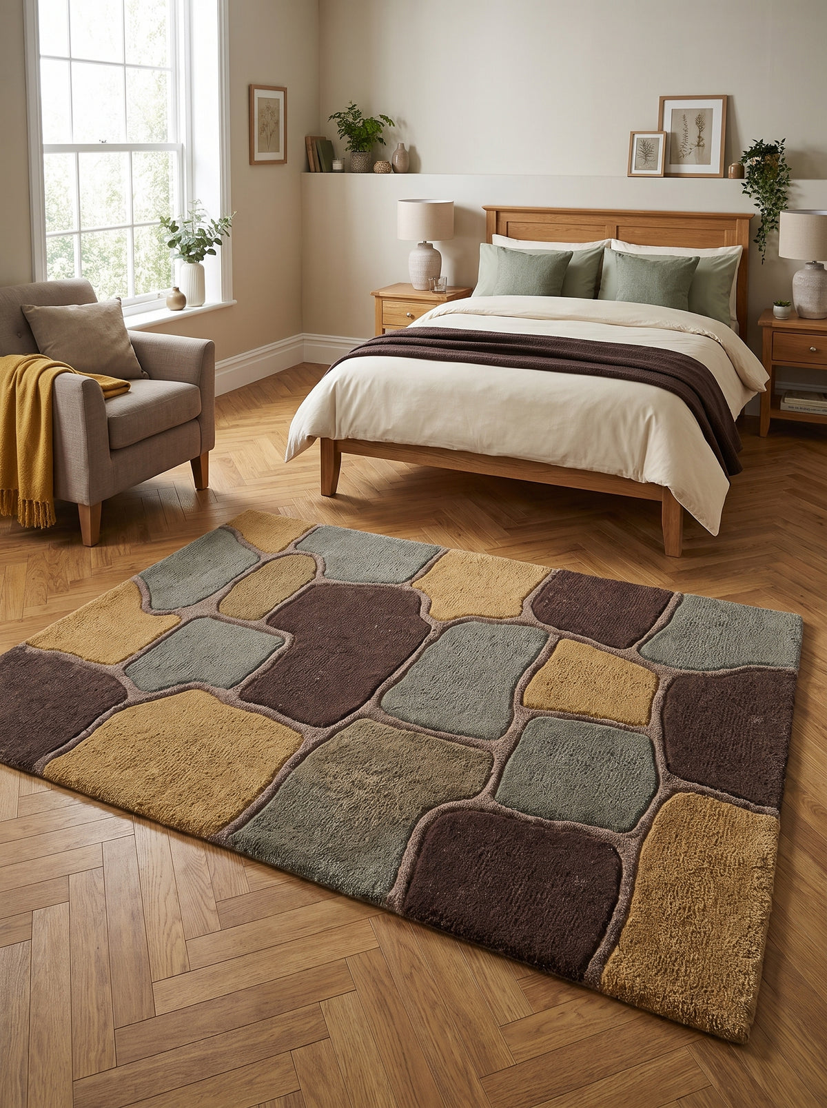 Velours sculpté de laine tuftée main, un tapis aux blocs ocre, vert sauge et marron, aux joints taupe, éclaire une chambre