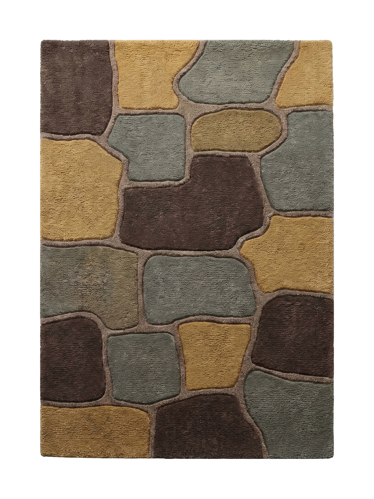 La surface de ce tapis rectangulaire arbore des blocs de laine sculptée ocre, marron et vert sauge aux joints taupe