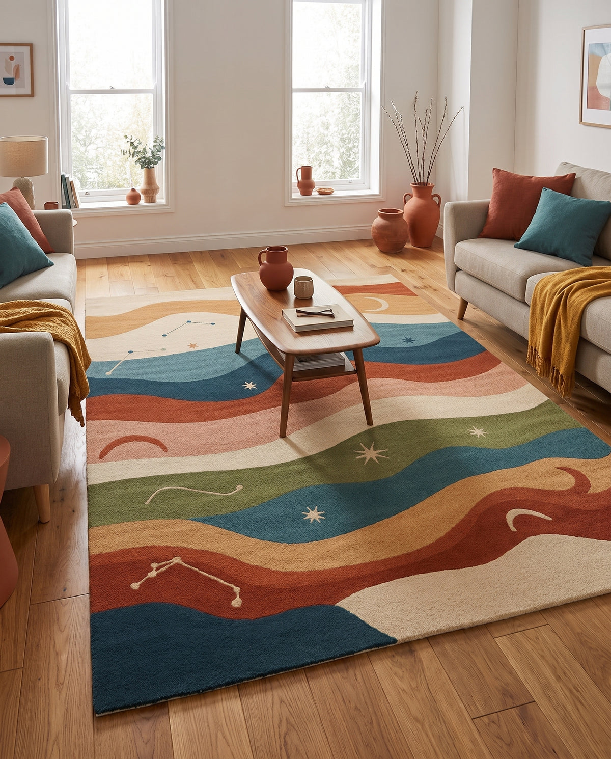 Sculpté, ce tapis de laine affiche ondes et motifs célestes multicolores dans un salon clair