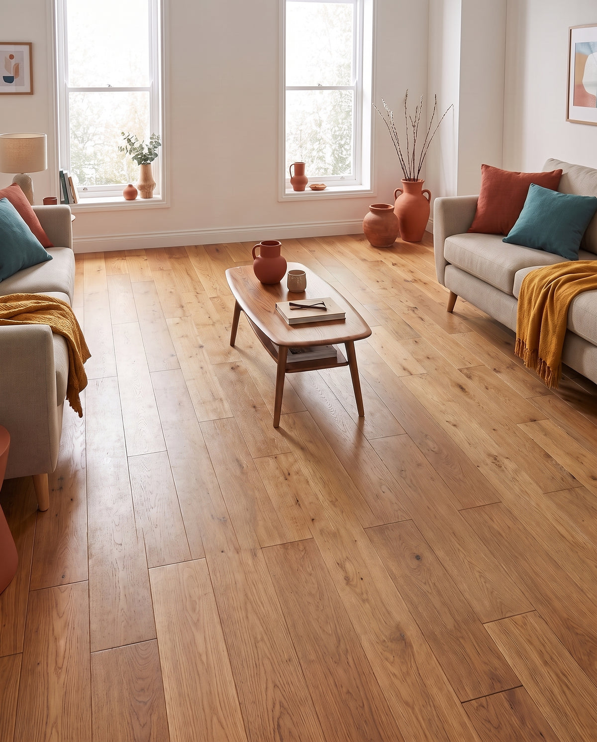Salon lumineux au sol parqueté nu de bois clair, sans tapis, avec canapés crème et table basse