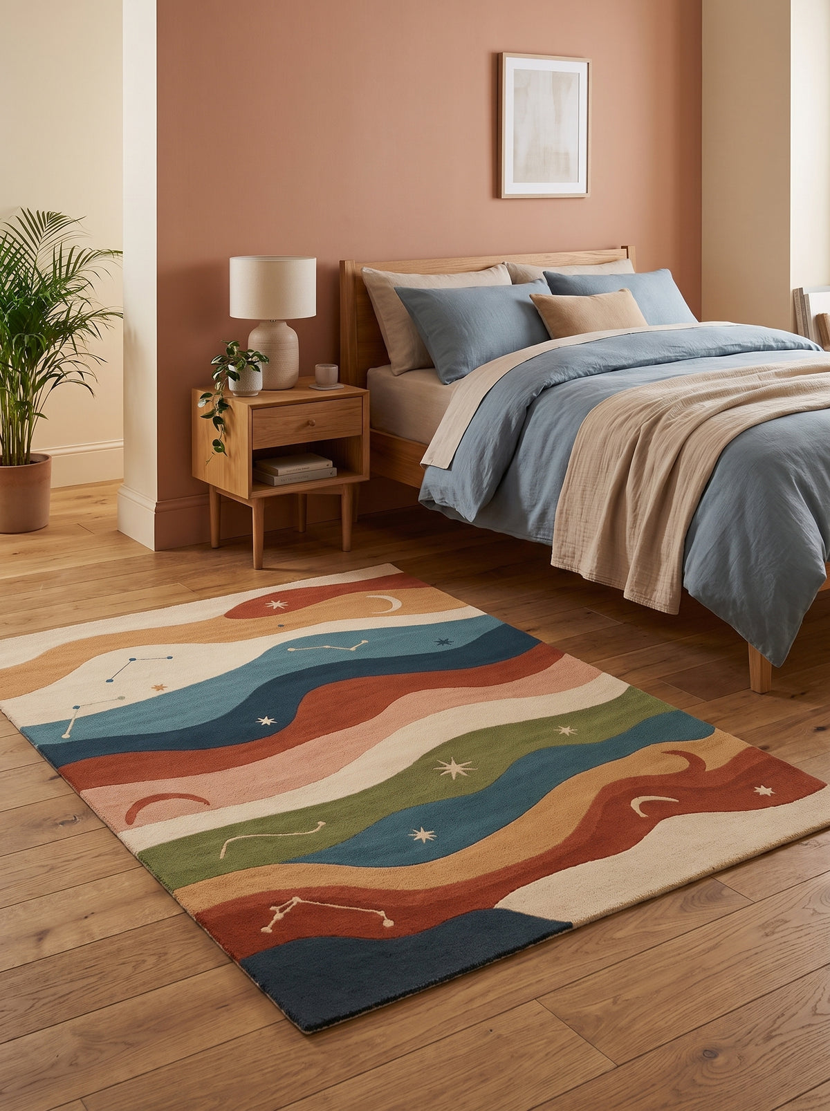 Dans une chambre, ce tapis en laine tuftée main présente des bandes ondulantes multicolores et motifs célestes sculptés