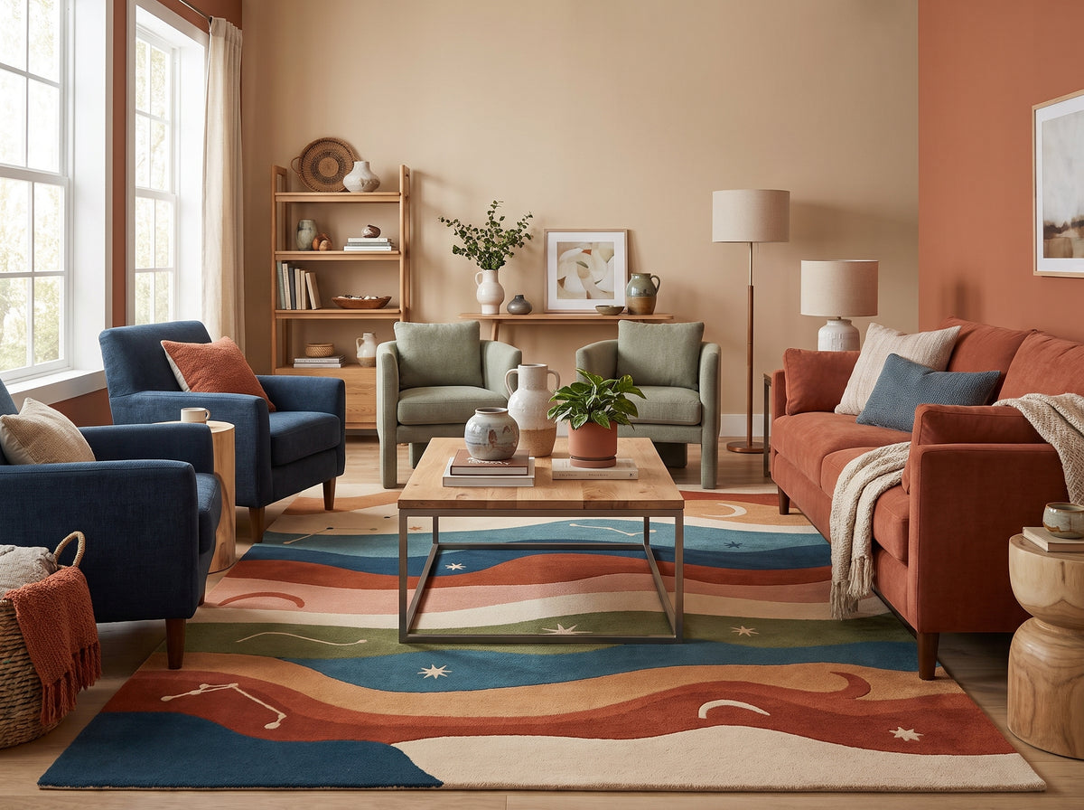 Laine tuftée main, ce tapis multicolore à ondes et motifs célestes en relief illumine un salon