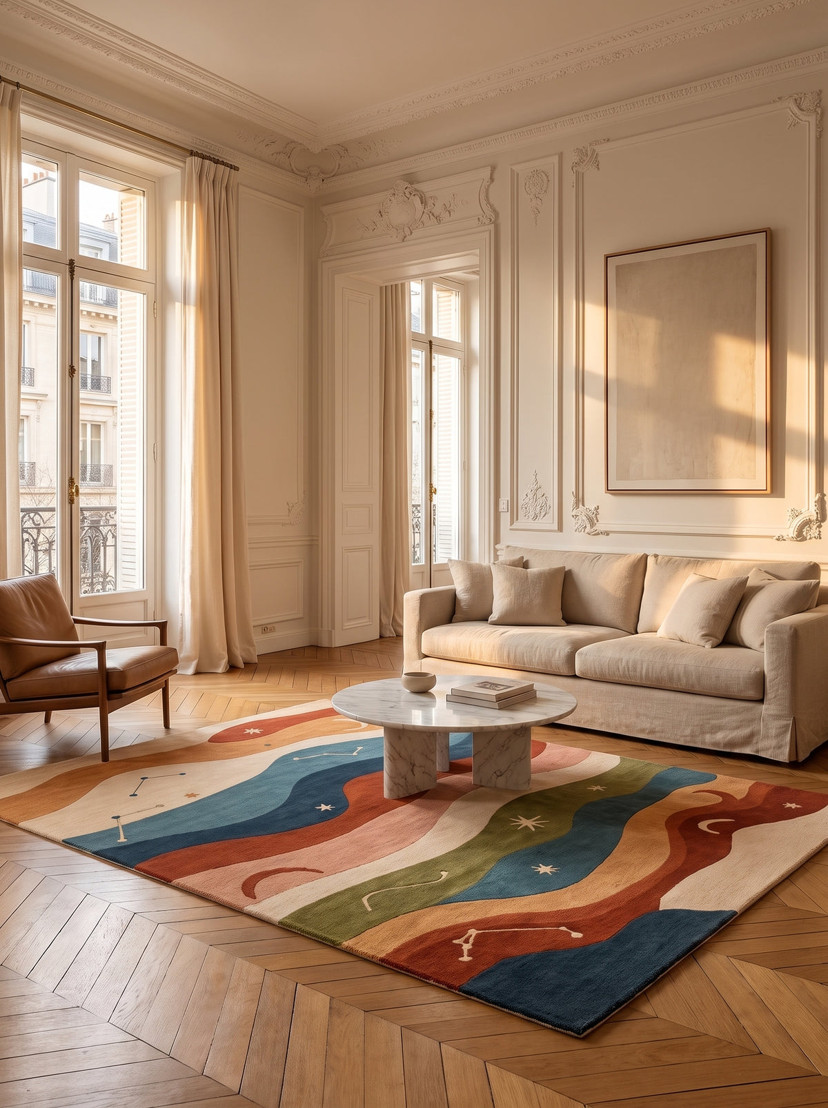 Bandes ondulantes multicolores et motifs célestes sculptés, ce tapis en laine habille un salon haussmannien