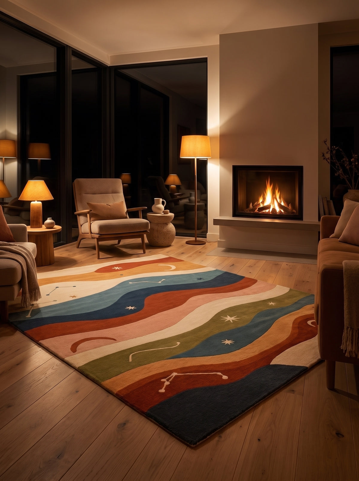 Laine sculptée multicolore, un tapis aux bandes ondulantes et motifs célestes, au cœur d'un salon de nuit