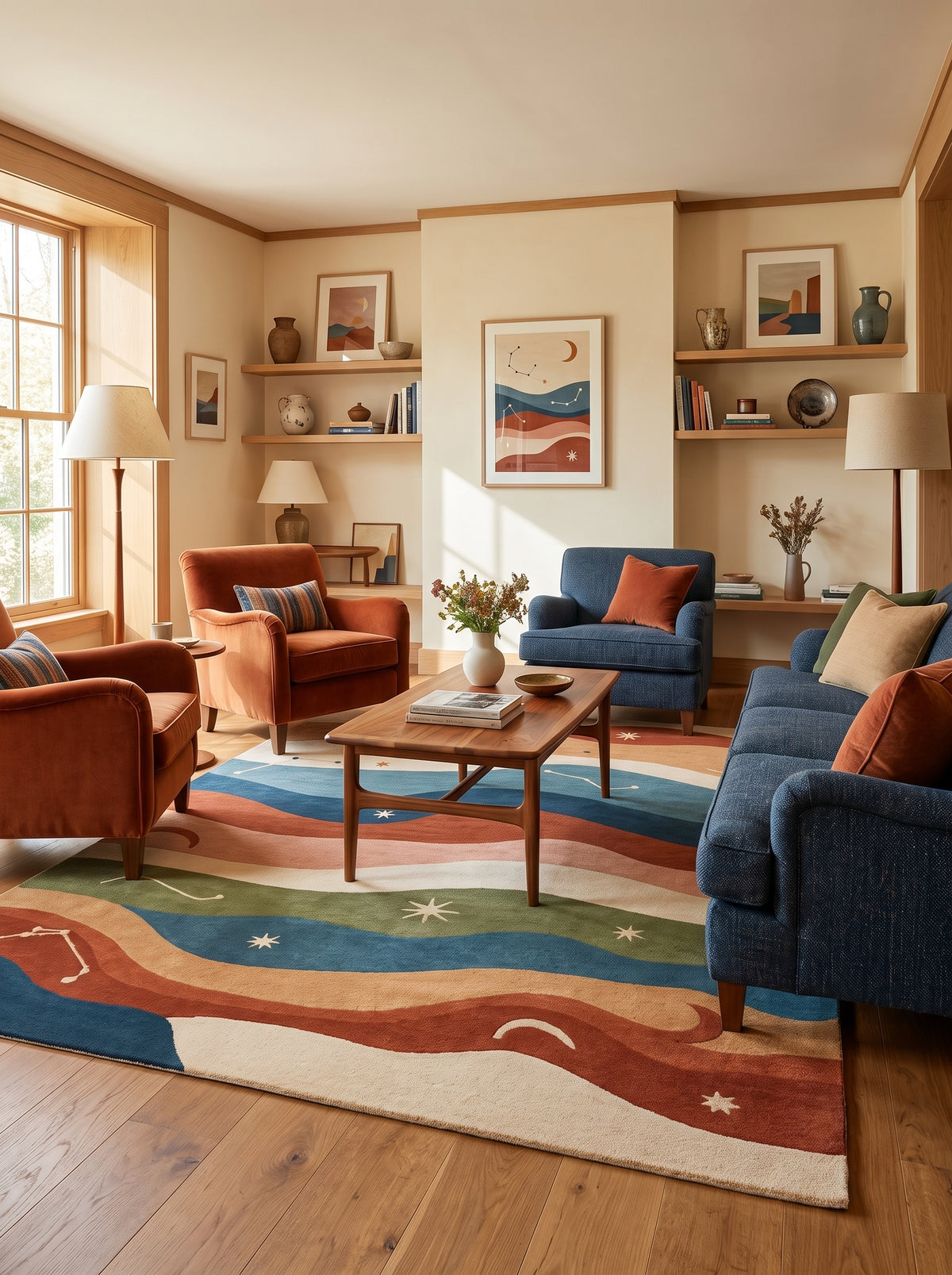 En laine sculptée, ce tapis multicolore avec ondes et motifs célestes habille un salon lumineux