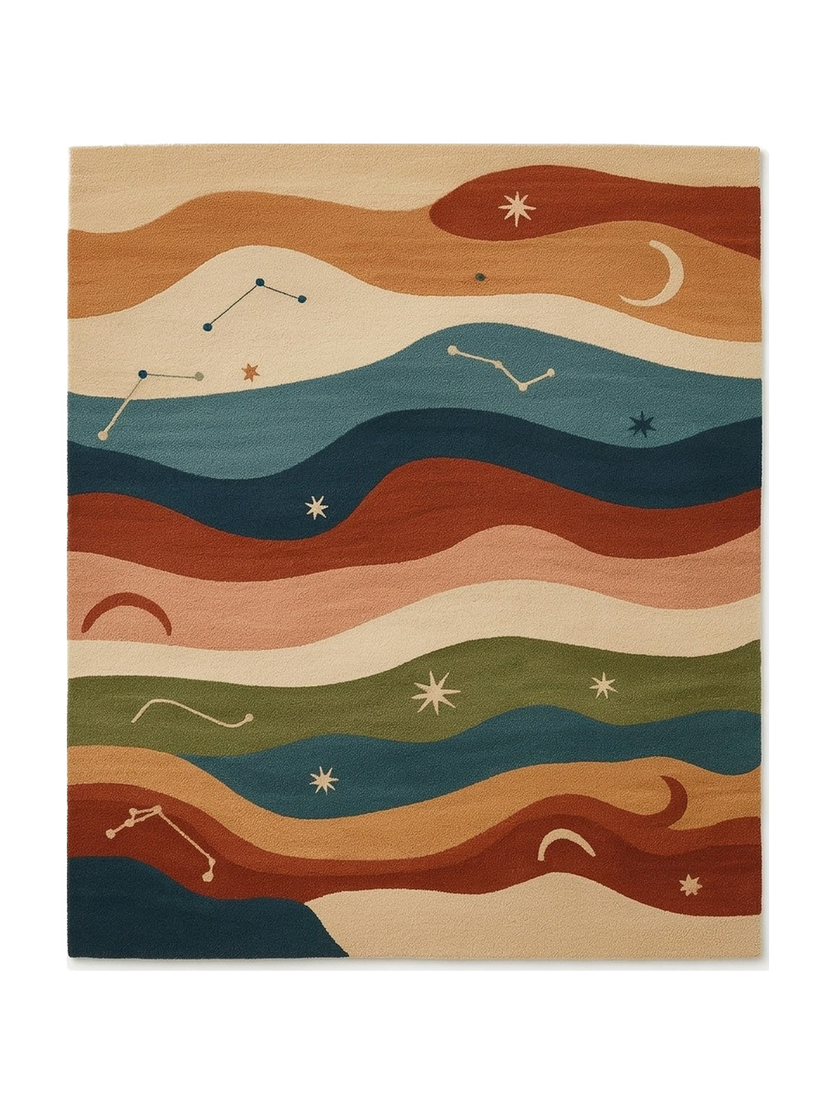 Motifs célestes sculptés, ondes et constellations sur un tapis en laine multicolore