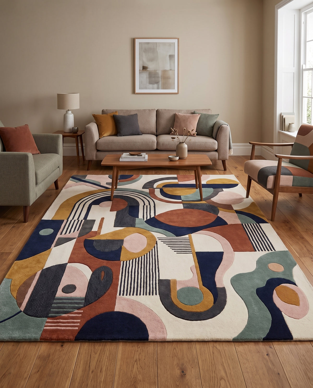Un assemblage multicolore d'arcs, cercles et rayures en laine tuftée égaye ce tapis rectangulaire dans un salon