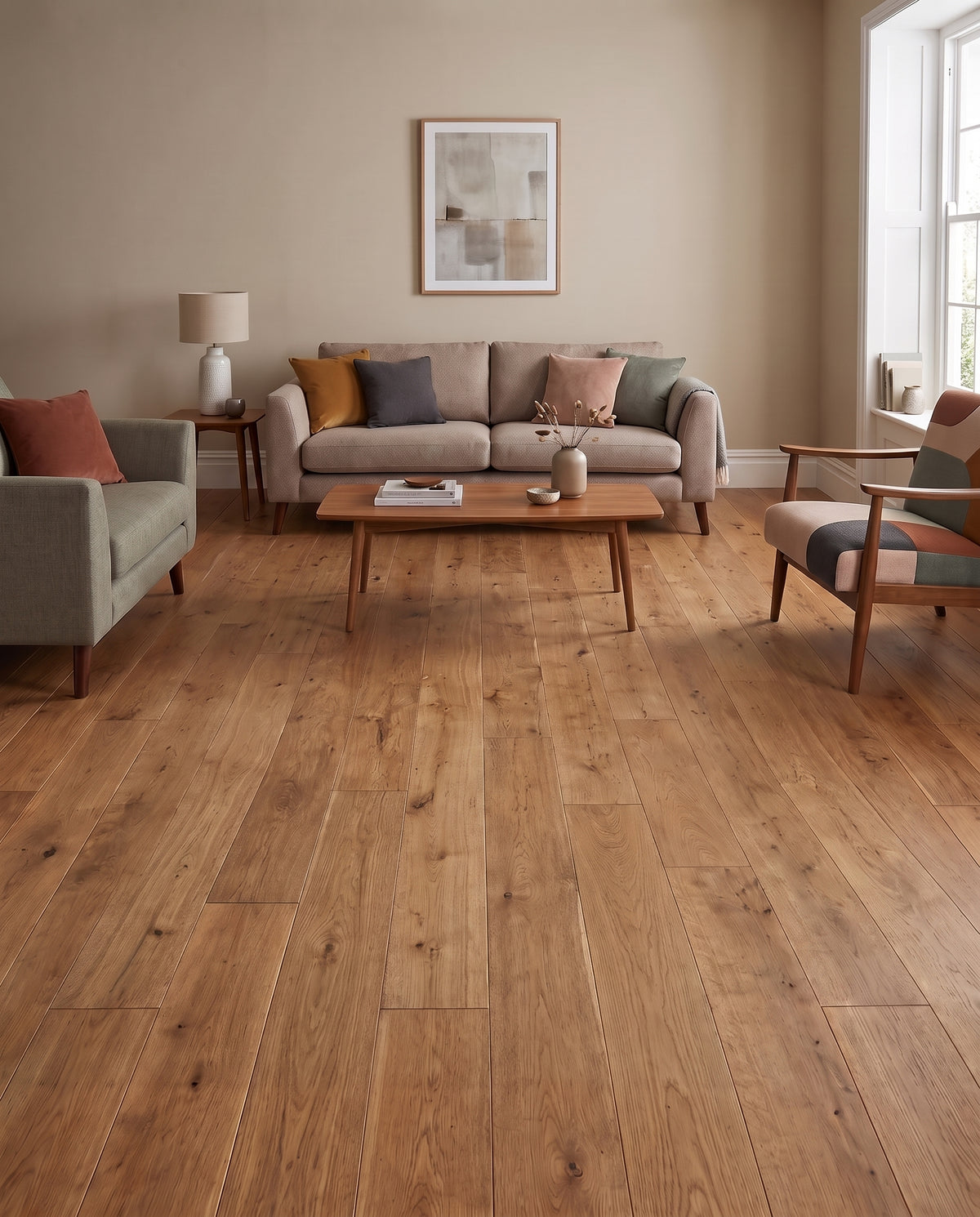Pièce de vie lumineuse avec parquet en bois clair, canapé, fauteuils et table basse, le sol est sans tapis
