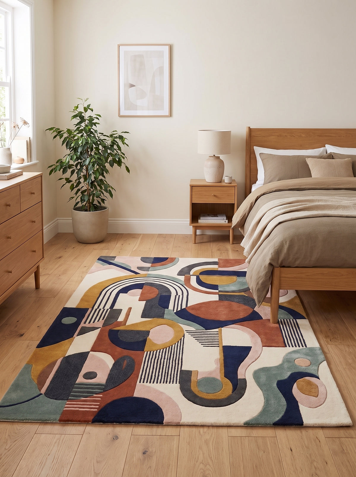 Des formes géométriques d'arcs et rayures, en laine tuftée multicolore, animent ce tapis rectangulaire dans une chambre