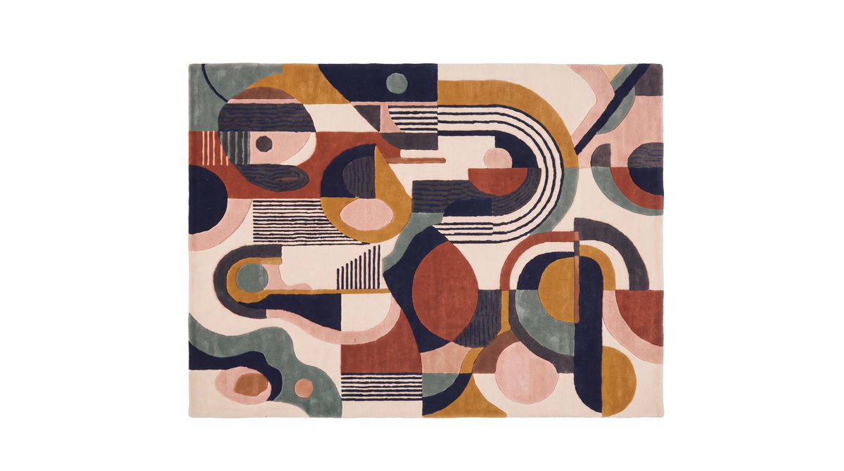 Relief marqué des motifs géométriques en laine tuftée, avec arcs et fines rayures multicolores