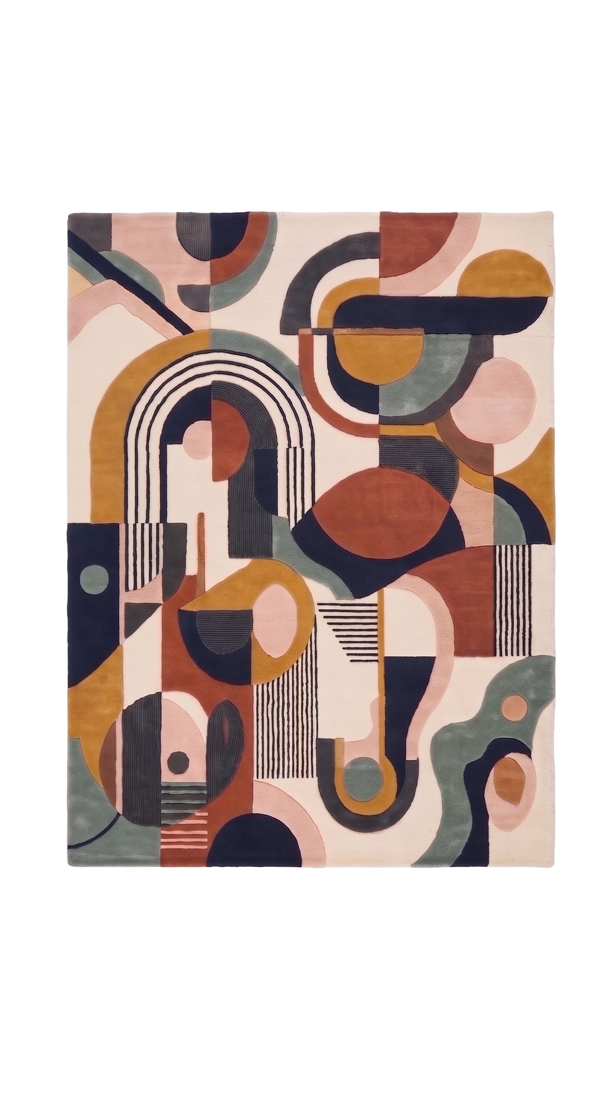 Précision des motifs géométriques de ce tapis en laine tuftée, avec arcs, cercles et fines rayures multicolores