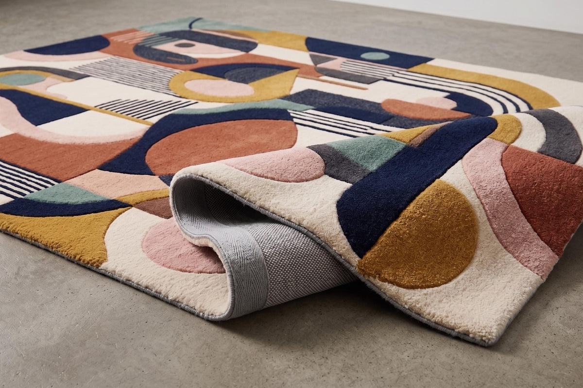 Bord replié d'un tapis en laine tuftée aux formes géométriques terracotta, bleu nuit, ocre et rose, posé sur un sol gris