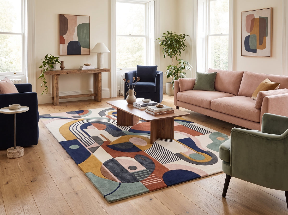Un tapis en laine tuftée multicolore aux motifs géométriques d'arcs et cercles dynamise ce salon lumineux