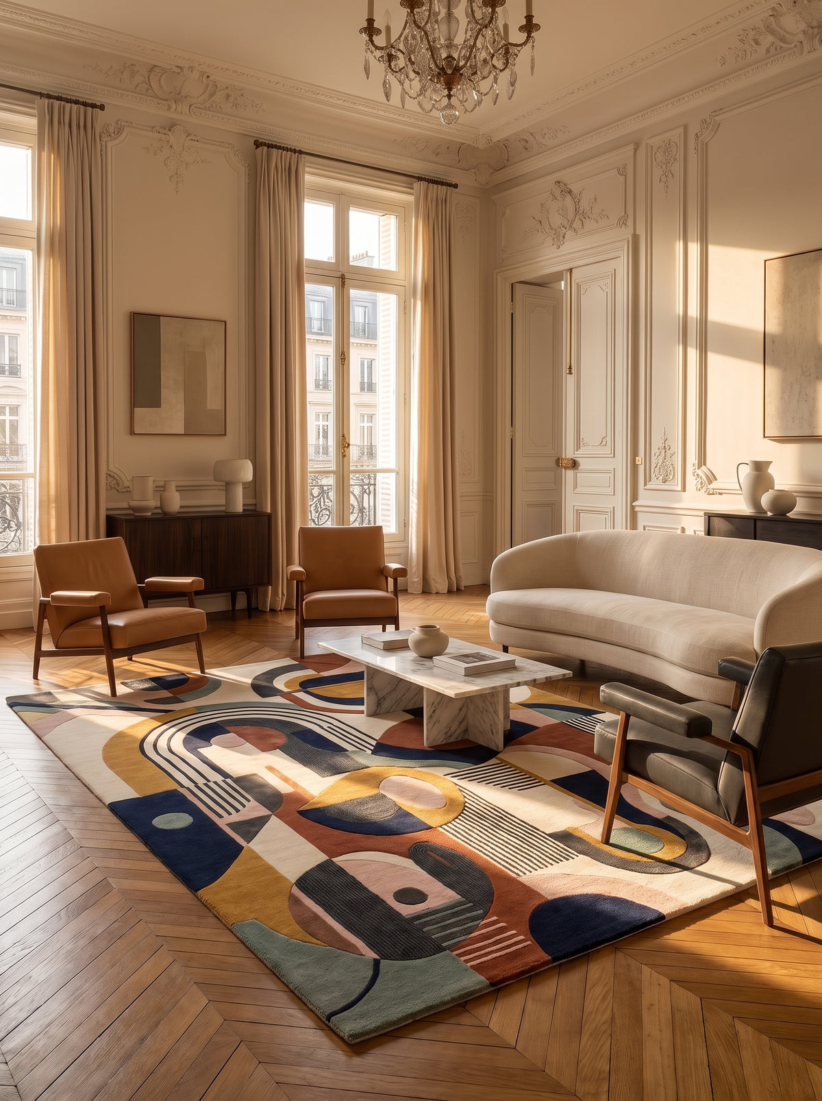 Motifs géométriques multicolores d'arcs et de rayures sur ce tapis en laine tuftée, au cœur d'un salon parisien