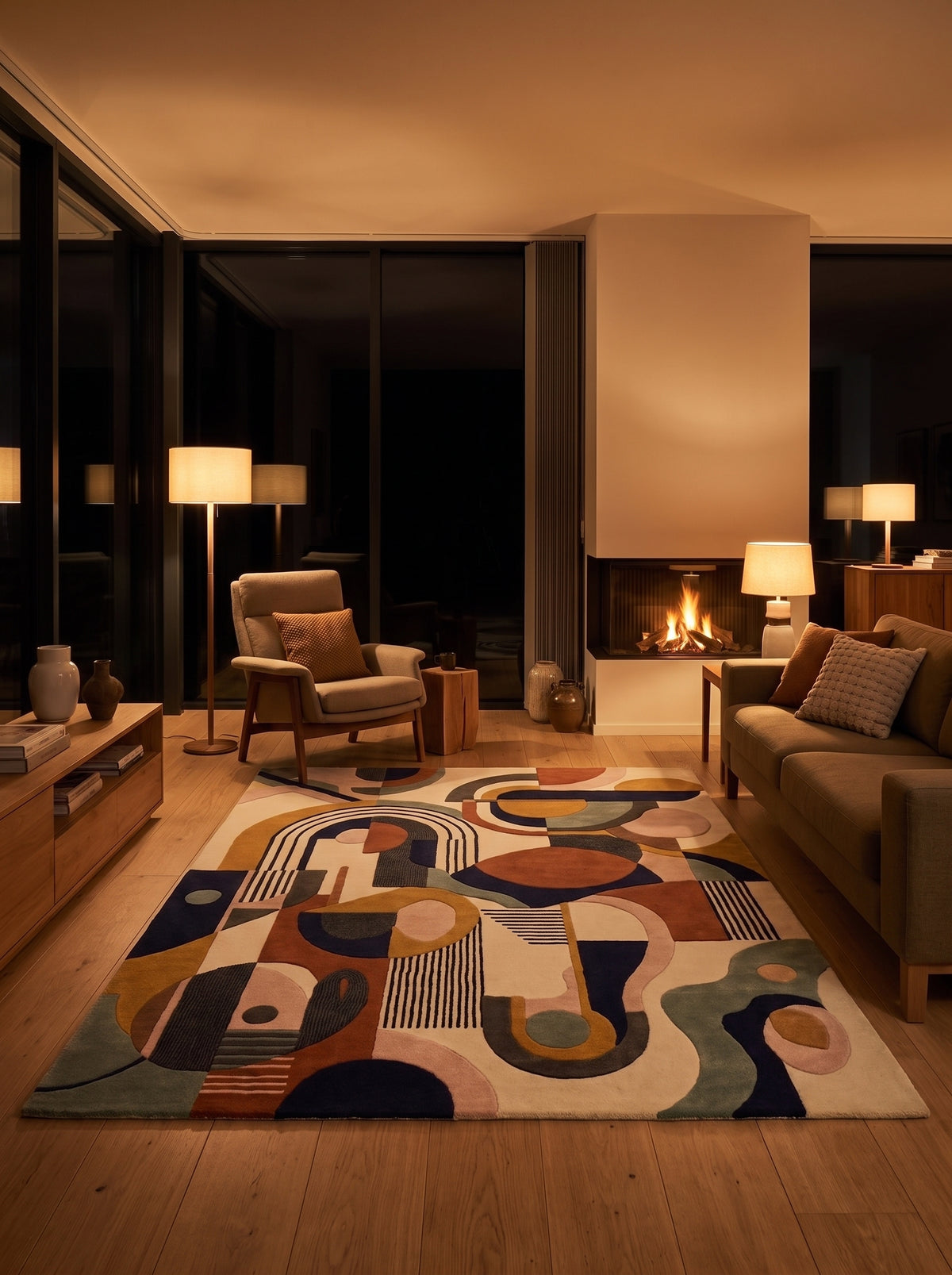 En laine tuftée, ce tapis rectangulaire aux motifs géométriques d'arcs et rayures multicolores, dans un salon de nuit