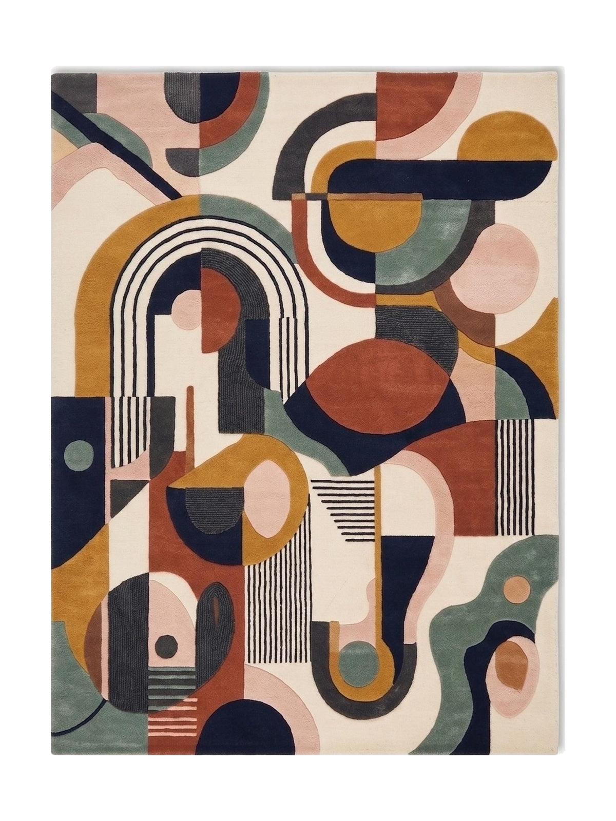 Une composition dynamique d'arcs et cercles aux couleurs chaudes anime ce tapis en pure laine tuftée