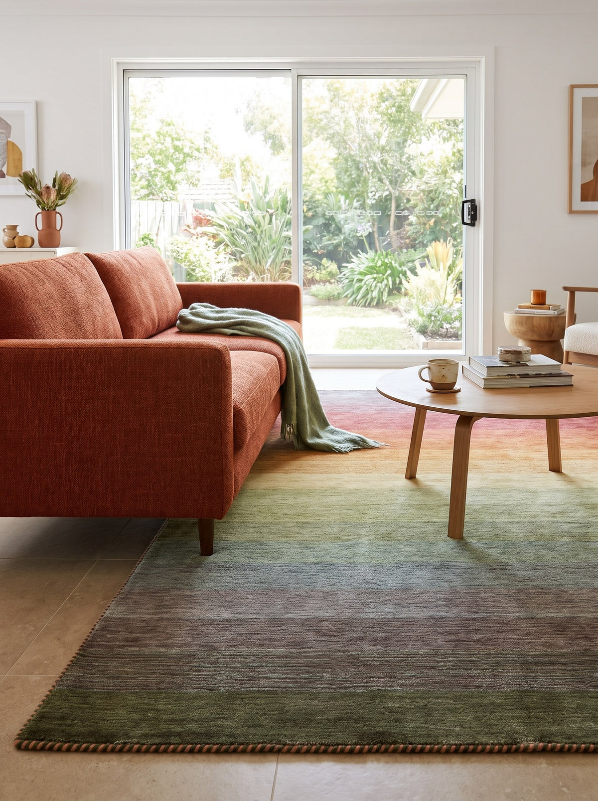 Wollen vloerkleed Multicolor - Orizzonte in de woonkamer van een gerenoveerd jaren 70-huis met grote beige vloertegels