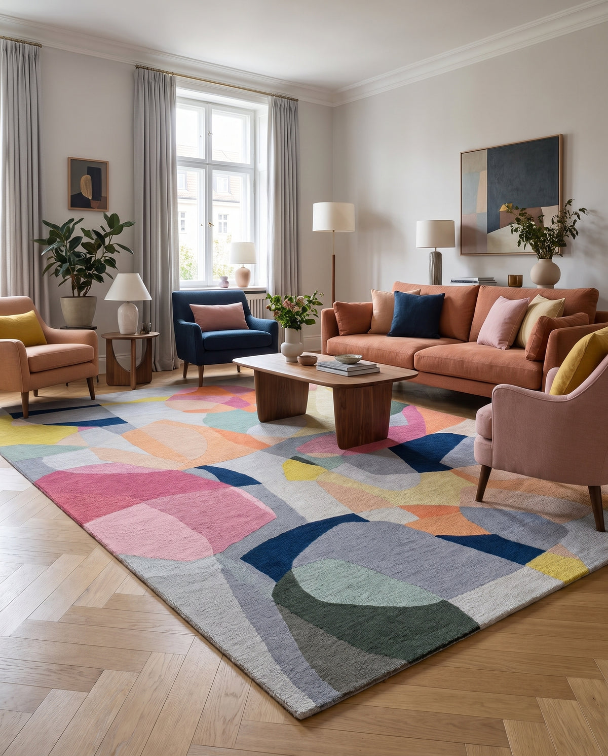 Le design abstrait et coloré de ce tapis en laine fait main apporte une touche vibrante à ce salon lumineux