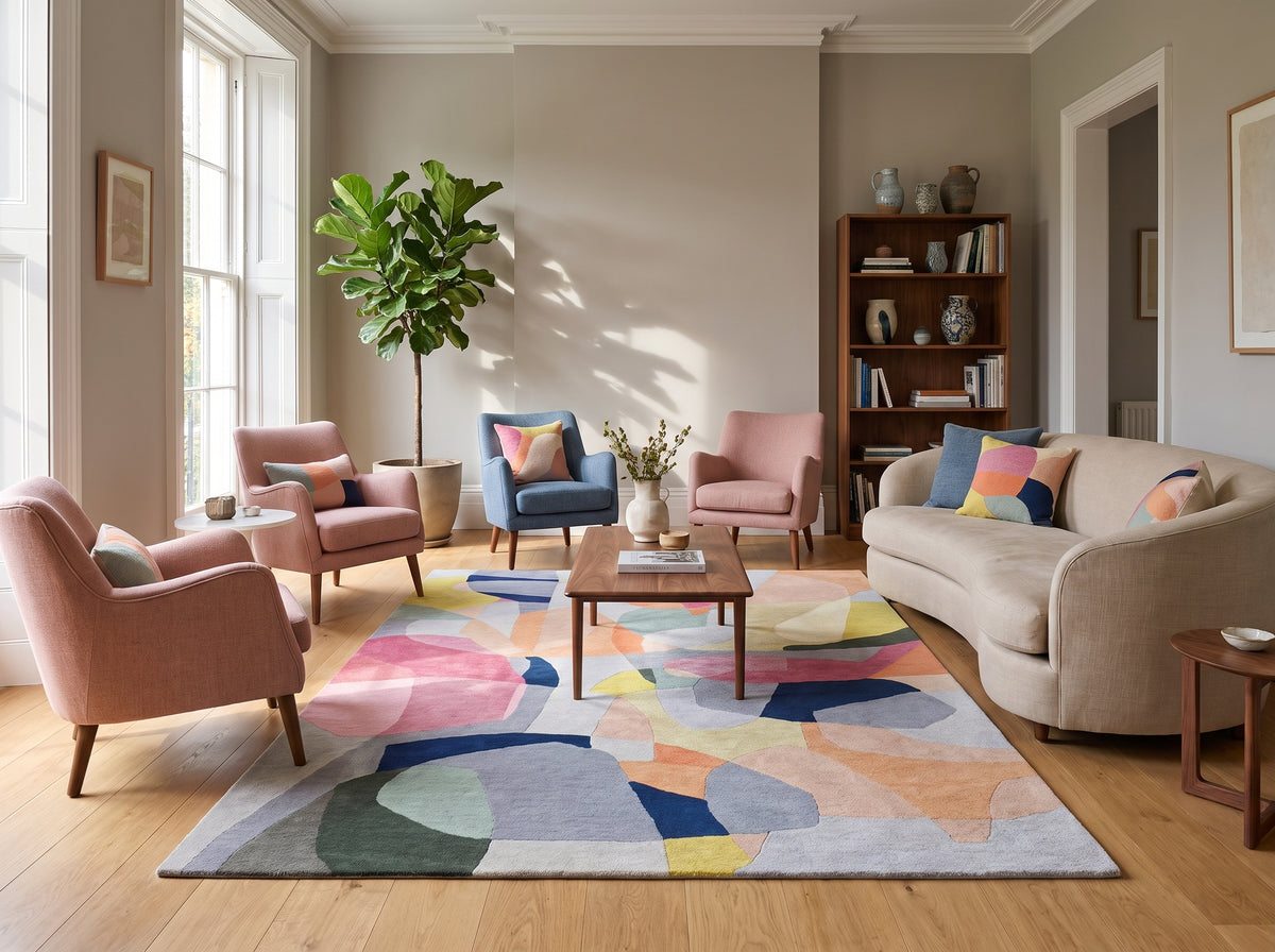 Formes abstraites et couleurs chatoyantes caractérisent ce tapis rectangulaire en laine fait main dans un salon clair