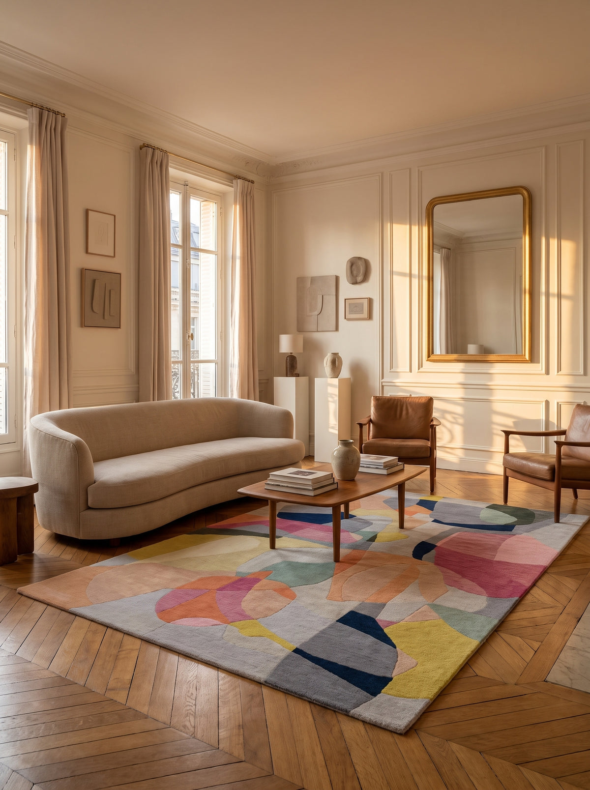 Un tapis en laine fait main aux formes abstraites et couleurs vives réchauffe le parquet d'un salon lumineux