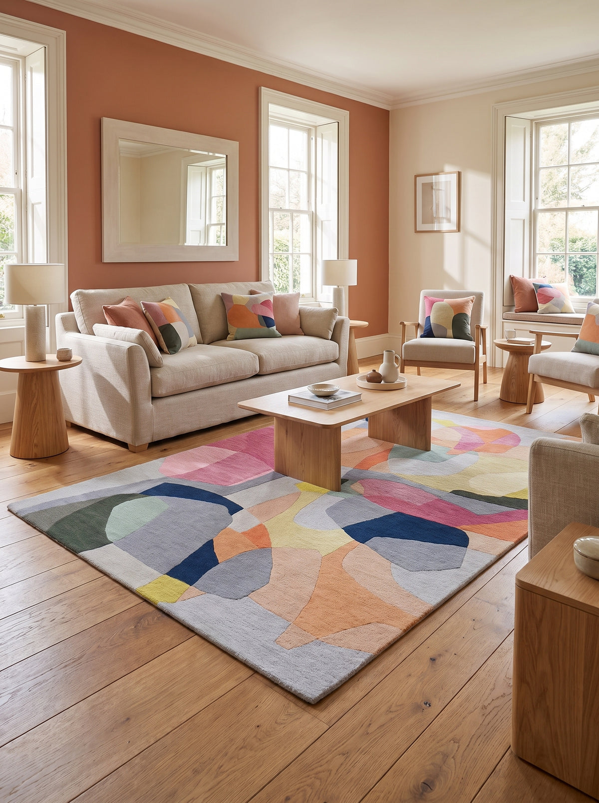Des teintes vives et des formes organiques animent ce tapis rectangulaire en laine fait main dans un salon épuré