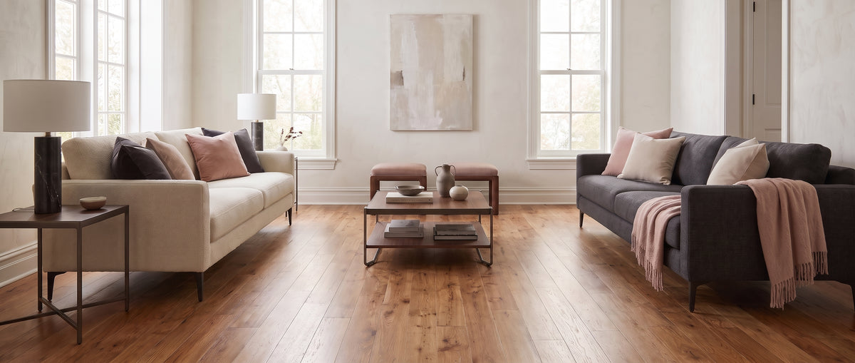 Dans un salon contemporain au sol de parquet en bois brun, deux canapés design et une table basse, la pièce est sans tapis