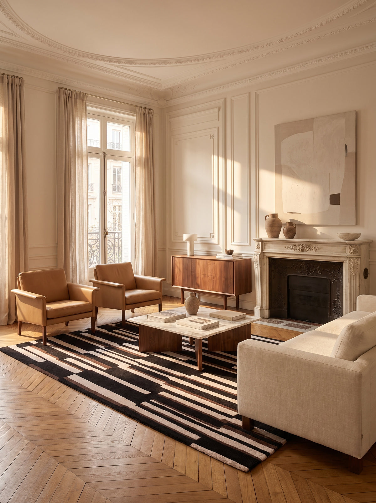 La laine fait main de ce tapis noir, ivoire et brun aux motifs géométriques habille un salon haussmannien lumineux