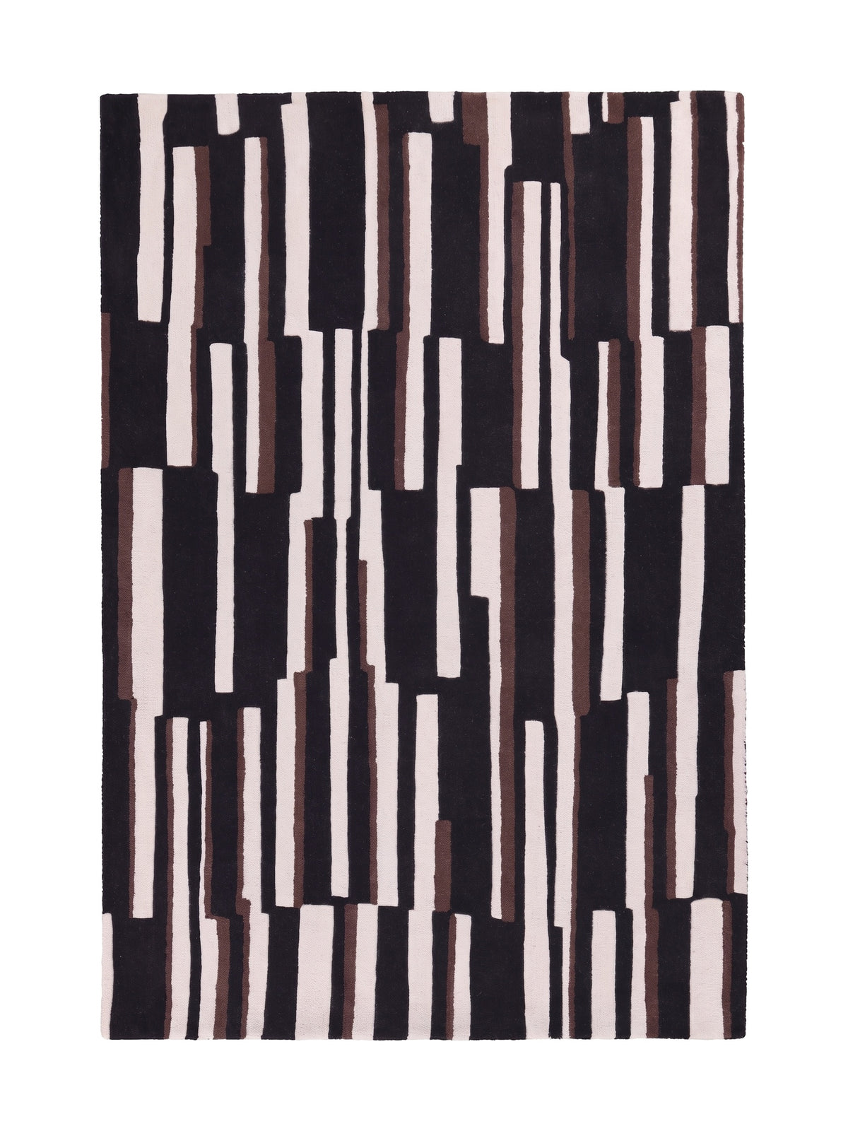 Noir, ivoire et brun composent le motif de barres abstraites de ce tapis en laine fait main