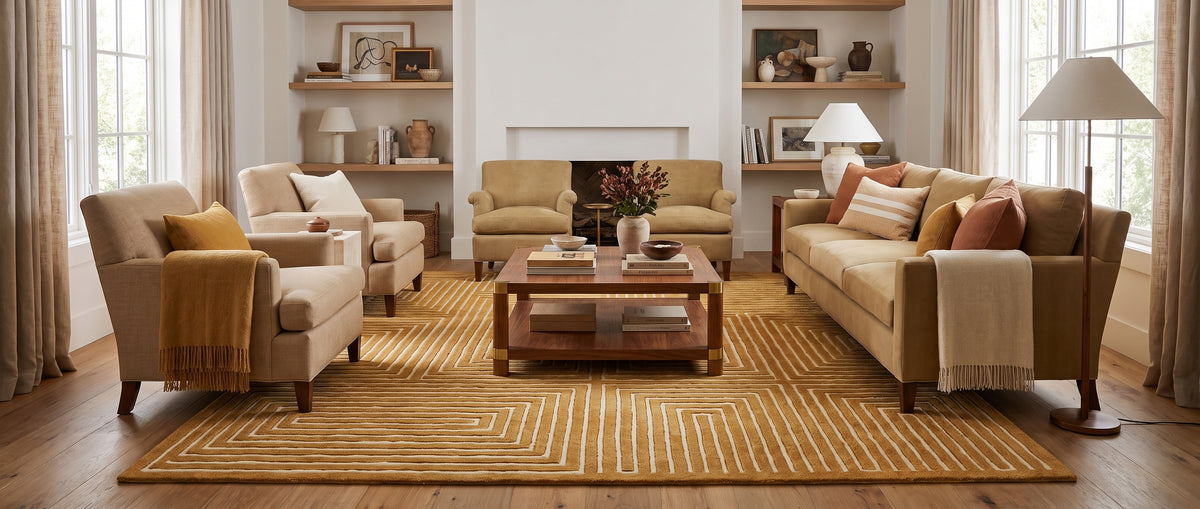Un tapis rectangulaire en laine tuftée ocre et ivoire avec motif labyrinthique en relief au sol d'un salon