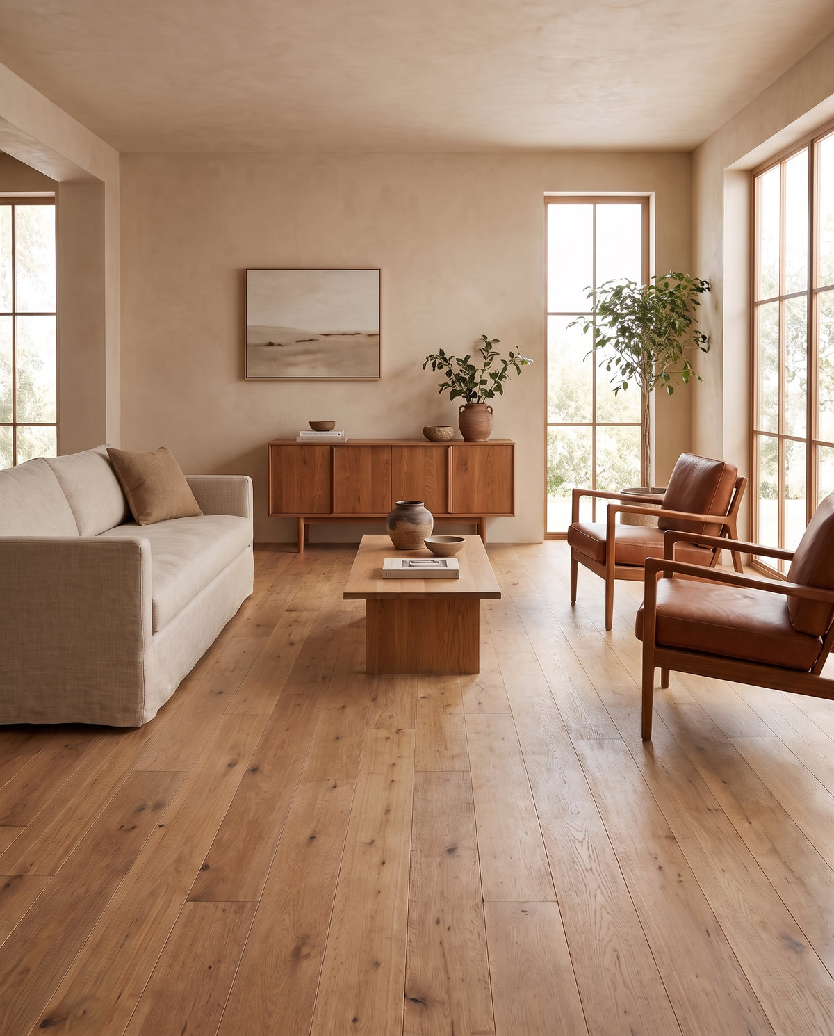 Pièce lumineuse aux murs beiges, meublée d'un canapé clair, fauteuils cuir et mobilier bois, le sol est nu, sans tapis