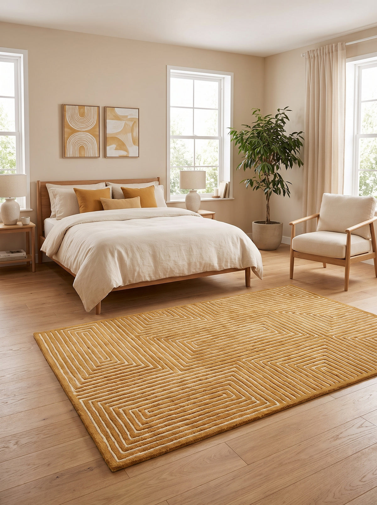 Le motif labyrinthique en relief d'un tapis rectangulaire en laine tuftée ocre et ivoire, au sol d'une chambre