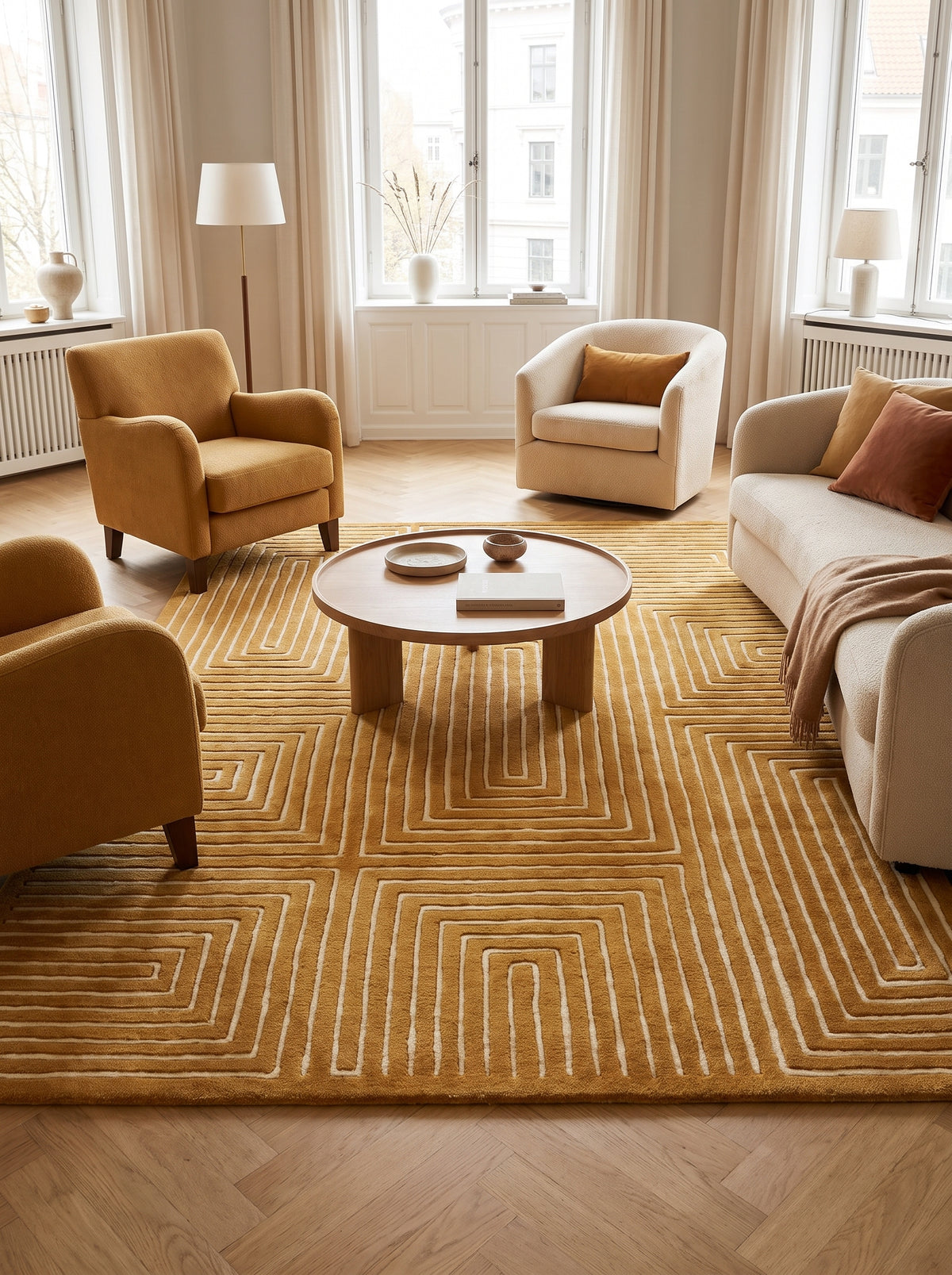 En laine ocre tuftée, un tapis rectangulaire affiche un motif labyrinthique ivoire en relief dans un salon lumineux