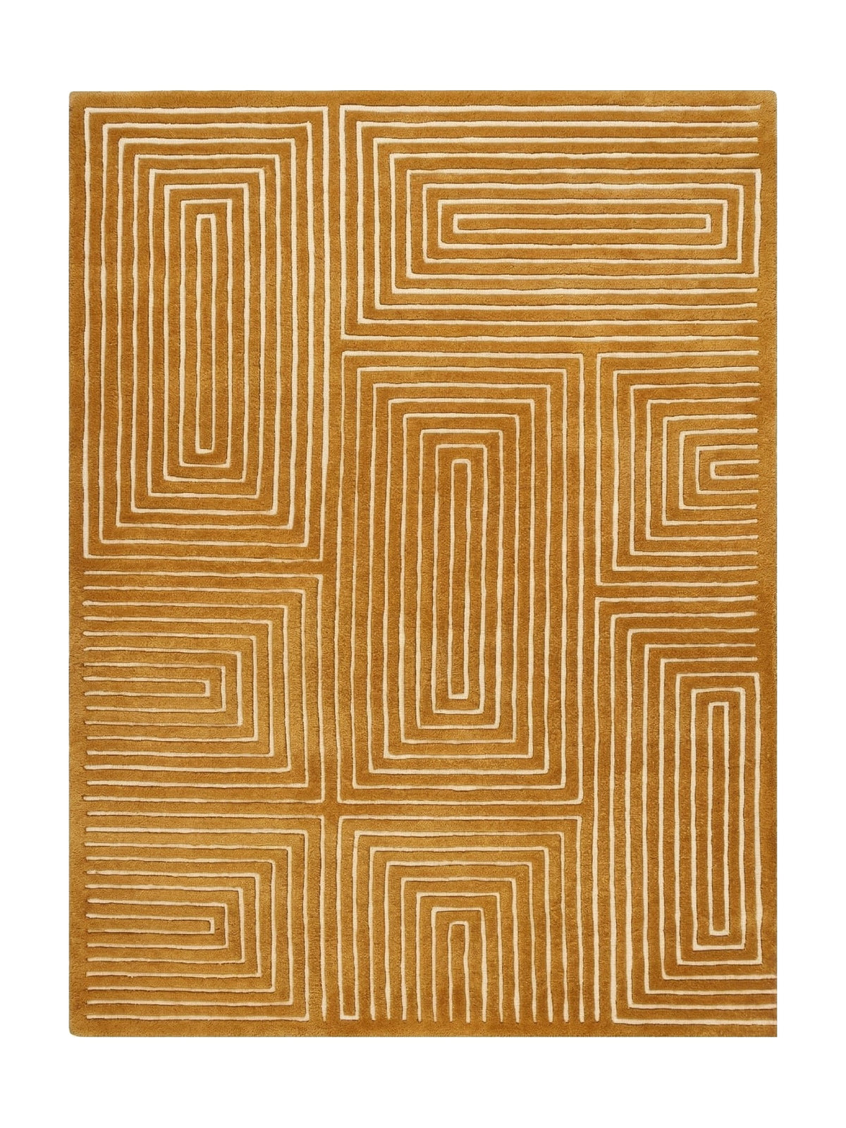 Laine tuftée main ocre et ivoire, avec des lignes labyrinthiques en relief