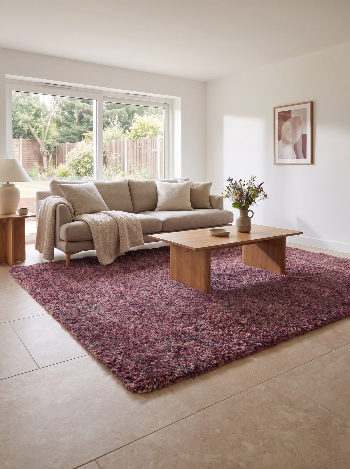 Raspberry Plum 100% Wool Rug - Folto in a 1970s living room with large beige floor tiles
