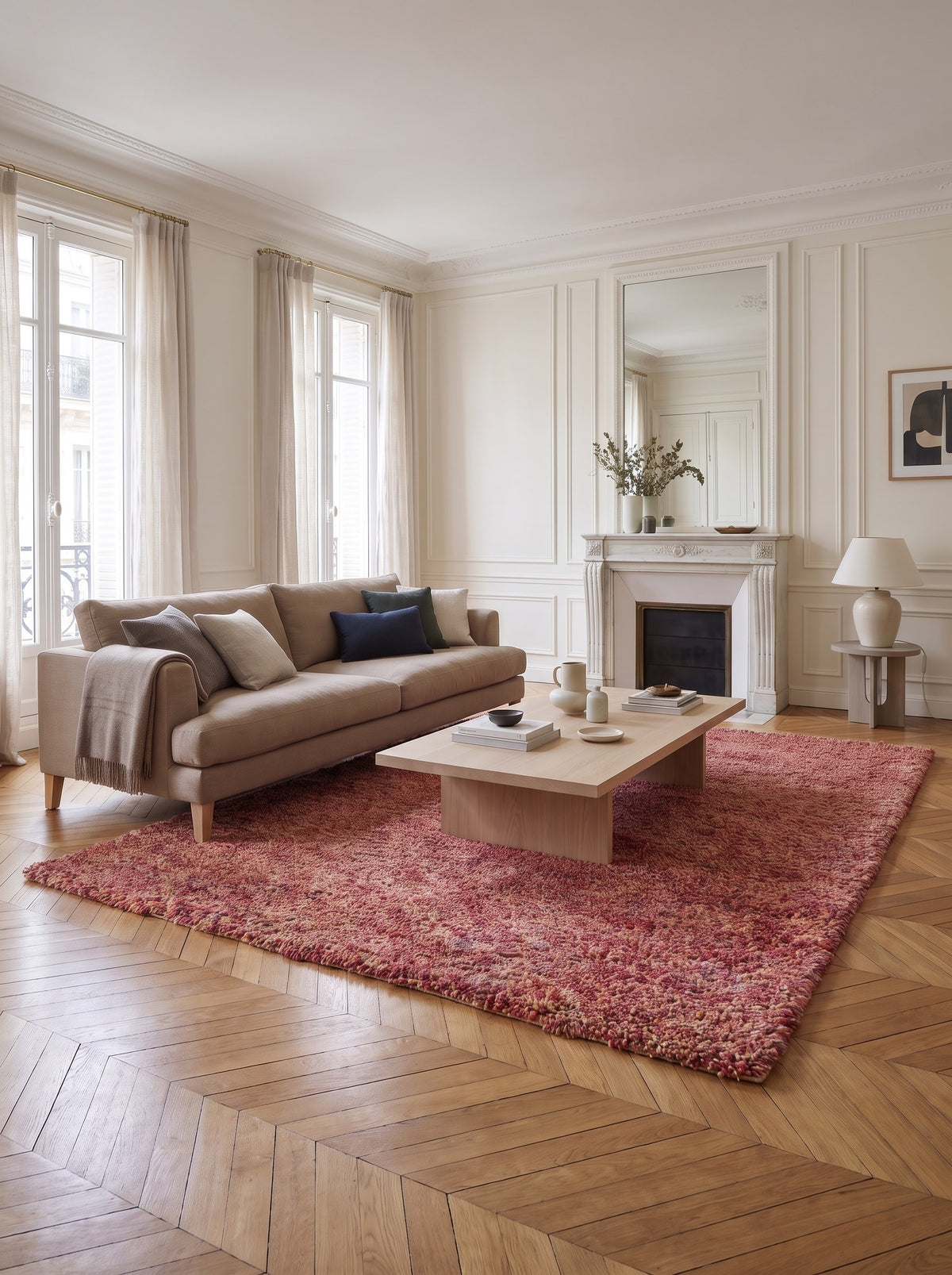 Wollteppich Korallenrot - Folto im Wohnzimmer einer Haussmann-Wohnung in Paris mit Chevron-Parkett