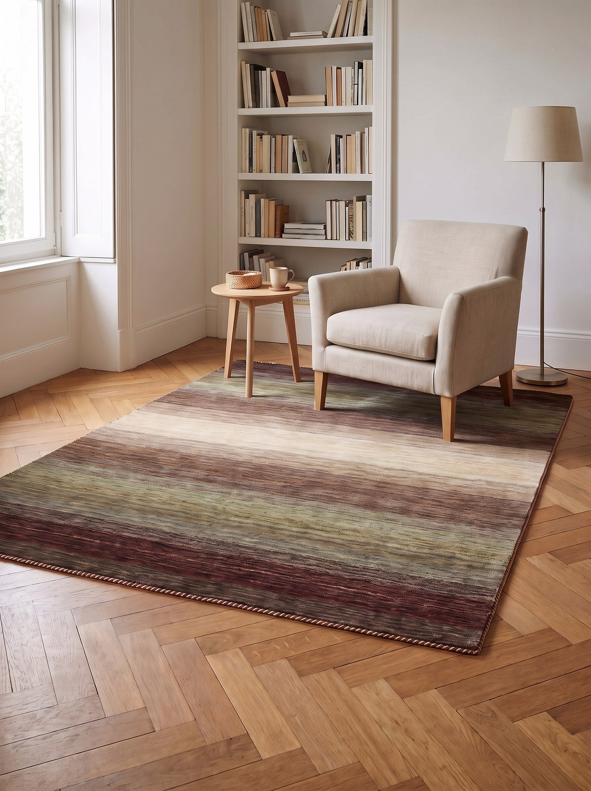 Sage & Burgundy 100% Wool Rug - Tramonto in the reading nook of a renovated period flat, on old oak parquet