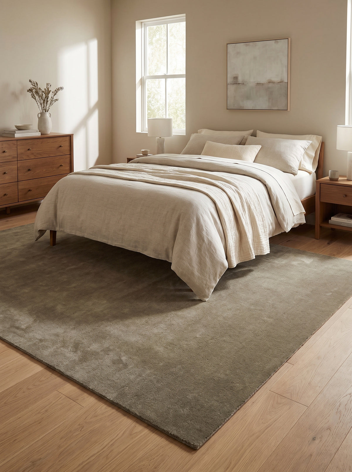 Dans une chambre lumineuse, un tapis rectangulaire en laine taupe fait main présente une surface douce aux reflets subtils