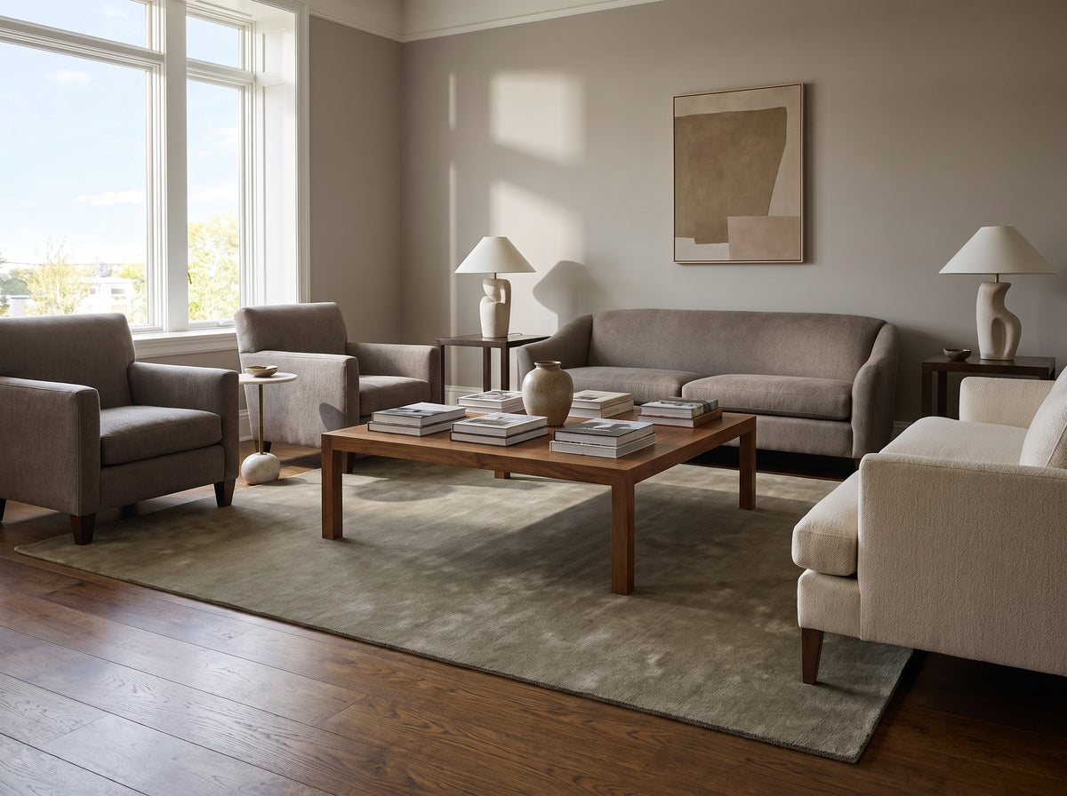 Laine taupe d'un grand tapis fait main, sa surface nuancée aux doux reflets habille un salon contemporain