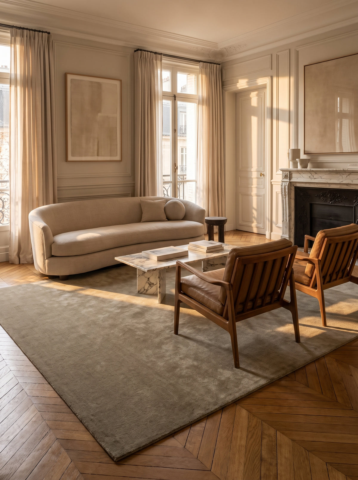 Tapis rectangulaire en laine taupe fait main, sa surface douce aux reflets lumineux habille un salon haussmannien