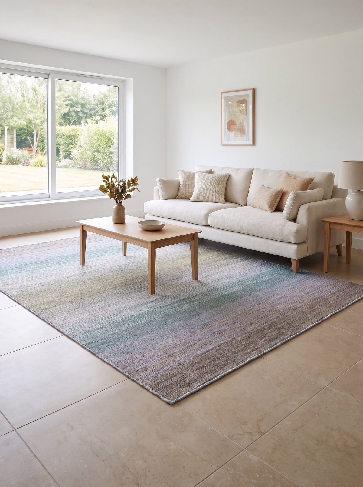 Wollen vloerkleed Turquoise & Taupe - Vespero in de woonkamer van een gerenoveerd jaren 70-huis met grote beige vloertegels
