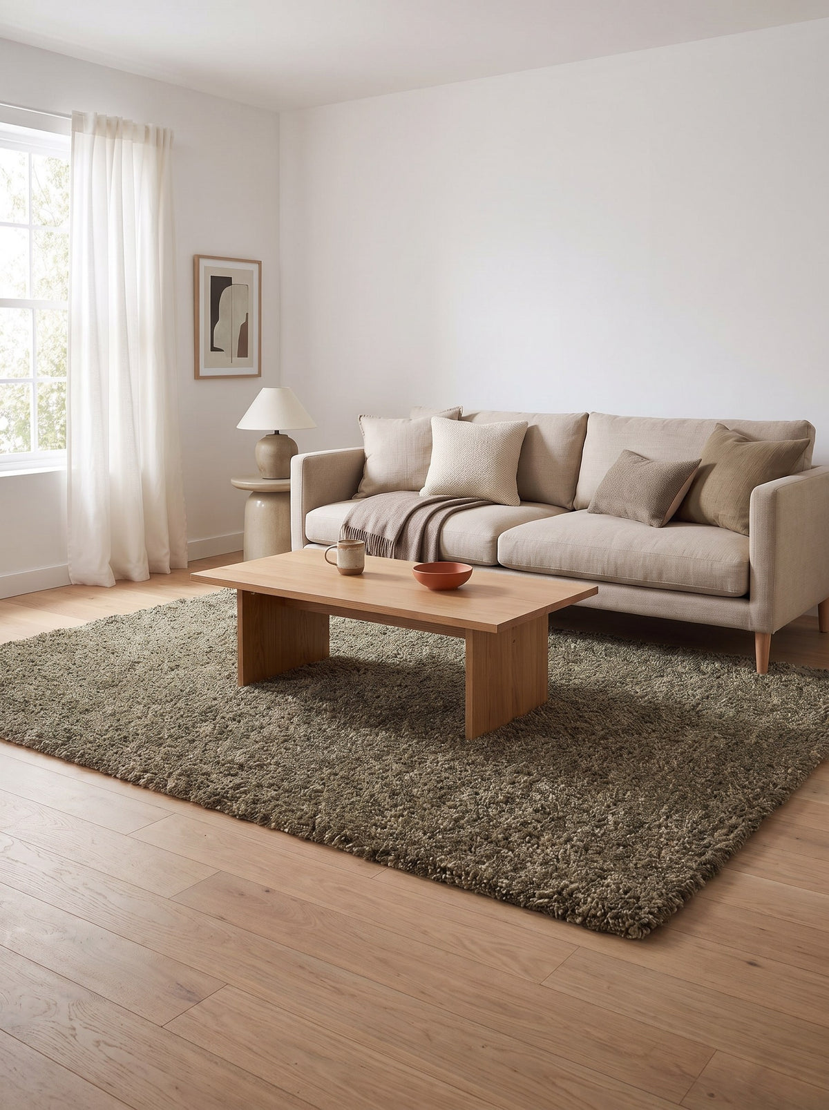 Wollteppich Olivgrün - Folto im Wohnzimmer einer hellen Neubauwohnung mit hellem Eichenparkett