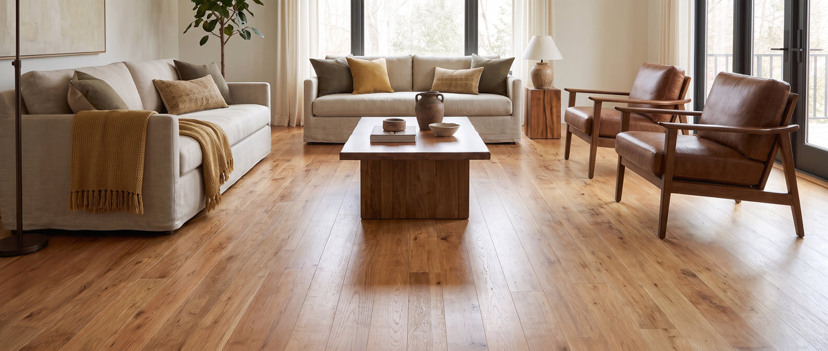Pièce sans tapis avec son sol en bois nu, des canapés clairs et des fauteuils en cuir